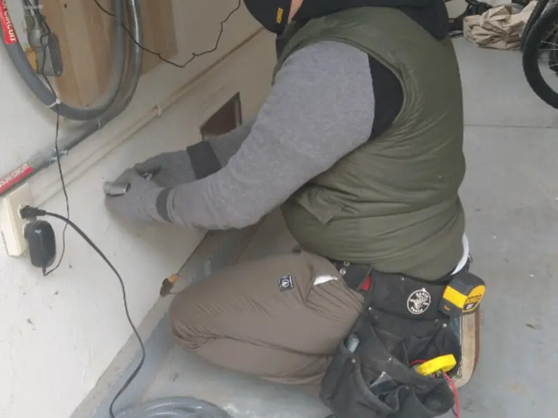 Electrician performing outlet wiring in a Harrington Park garage